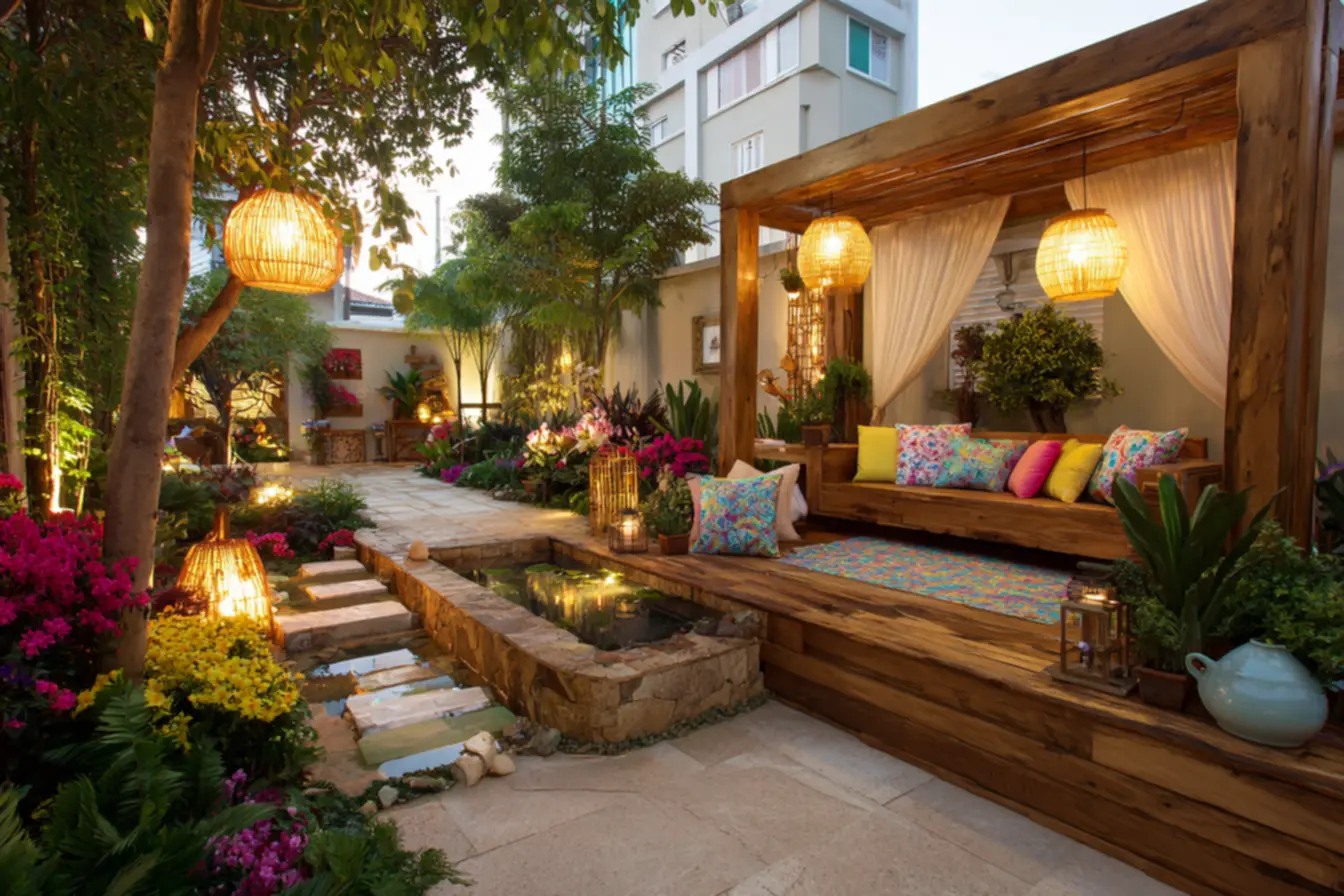 Área gourmet externa com iluminação cenográfica, chega de área externa abandonada.