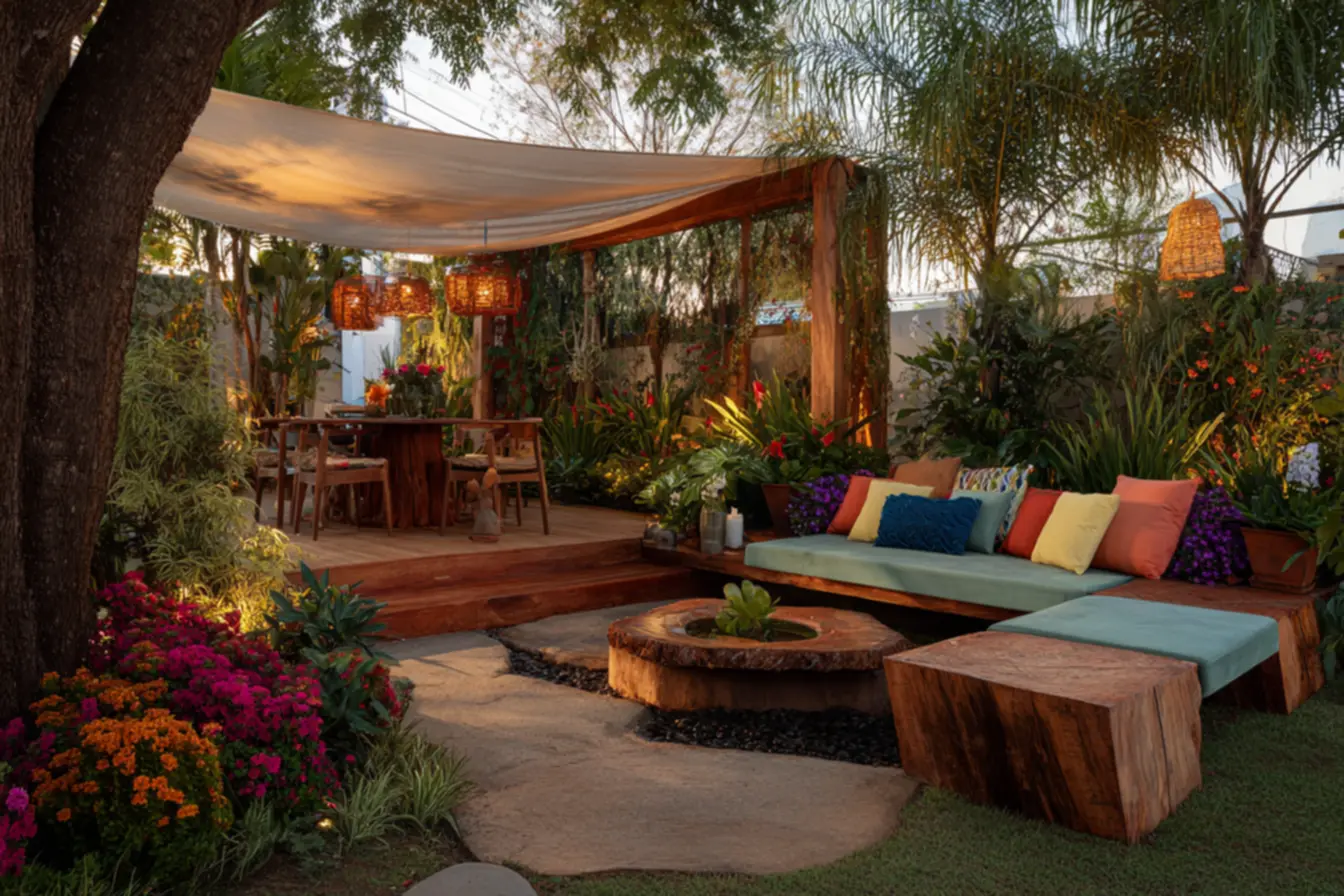 Deck de madeira com pergolado e mobiliário confortável, ideal para relaxar.