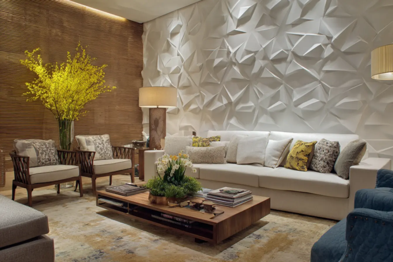 Painel 3D geométrico em ambiente moderno, redefinindo a decoração de paredes