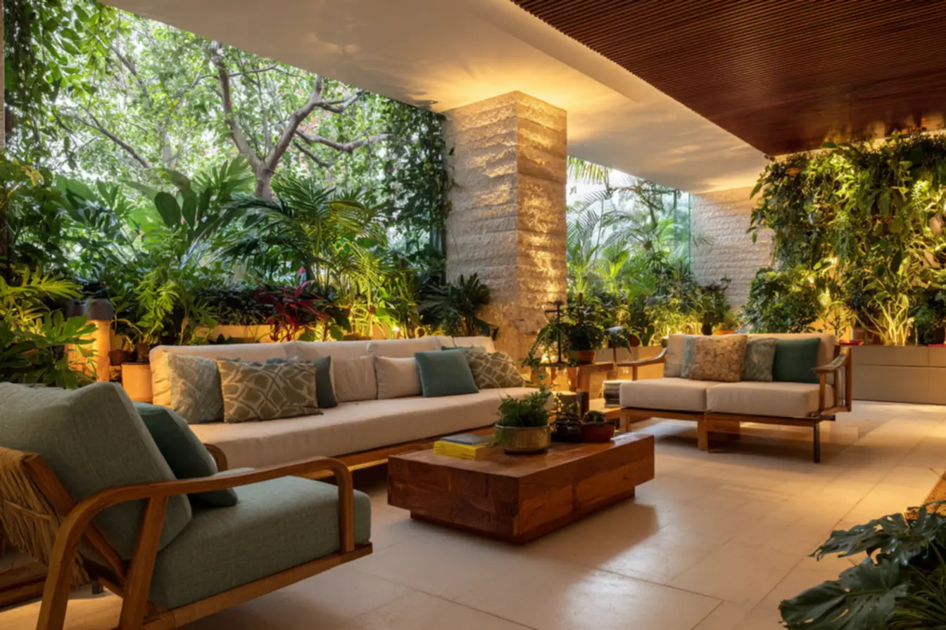 Varanda zen com plantas e iluminação suave, ideal para relaxamento e bem-estar. Oásis de paz.