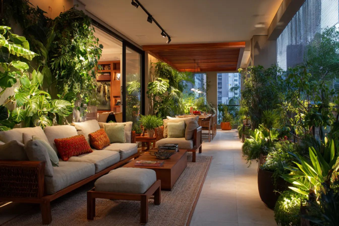 Varanda lúdica com balanços e decoração colorida, perfeita para lazer de crianças e adultos. Espaço divertido.