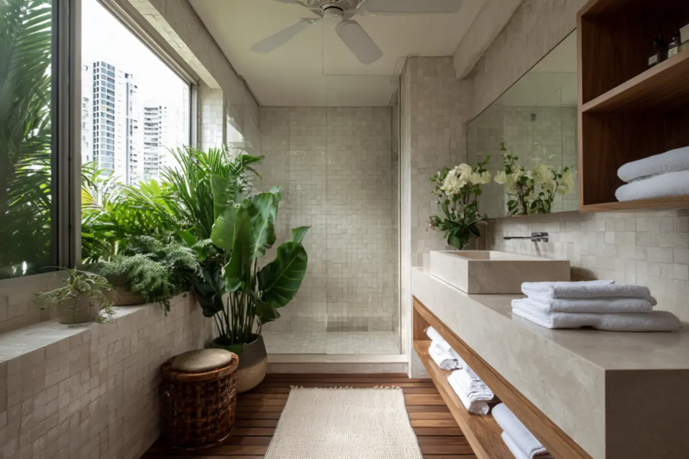 Banheiro fresco e arejado com ventilação eficiente e plantas decorativas