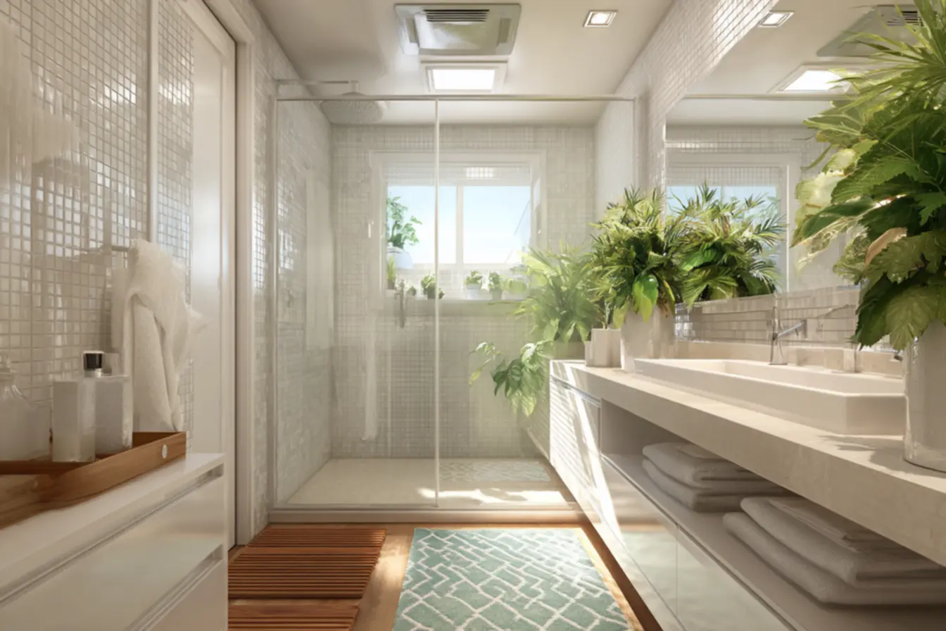 Banheiro moderno com plantas que absorvem umidade e boa iluminação natural