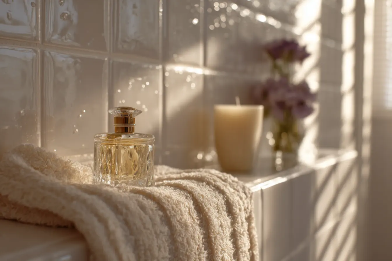 Mulher desapontada com toalha úmida, refletindo a frustração de toalhas que não secam, mesmo após o banho.