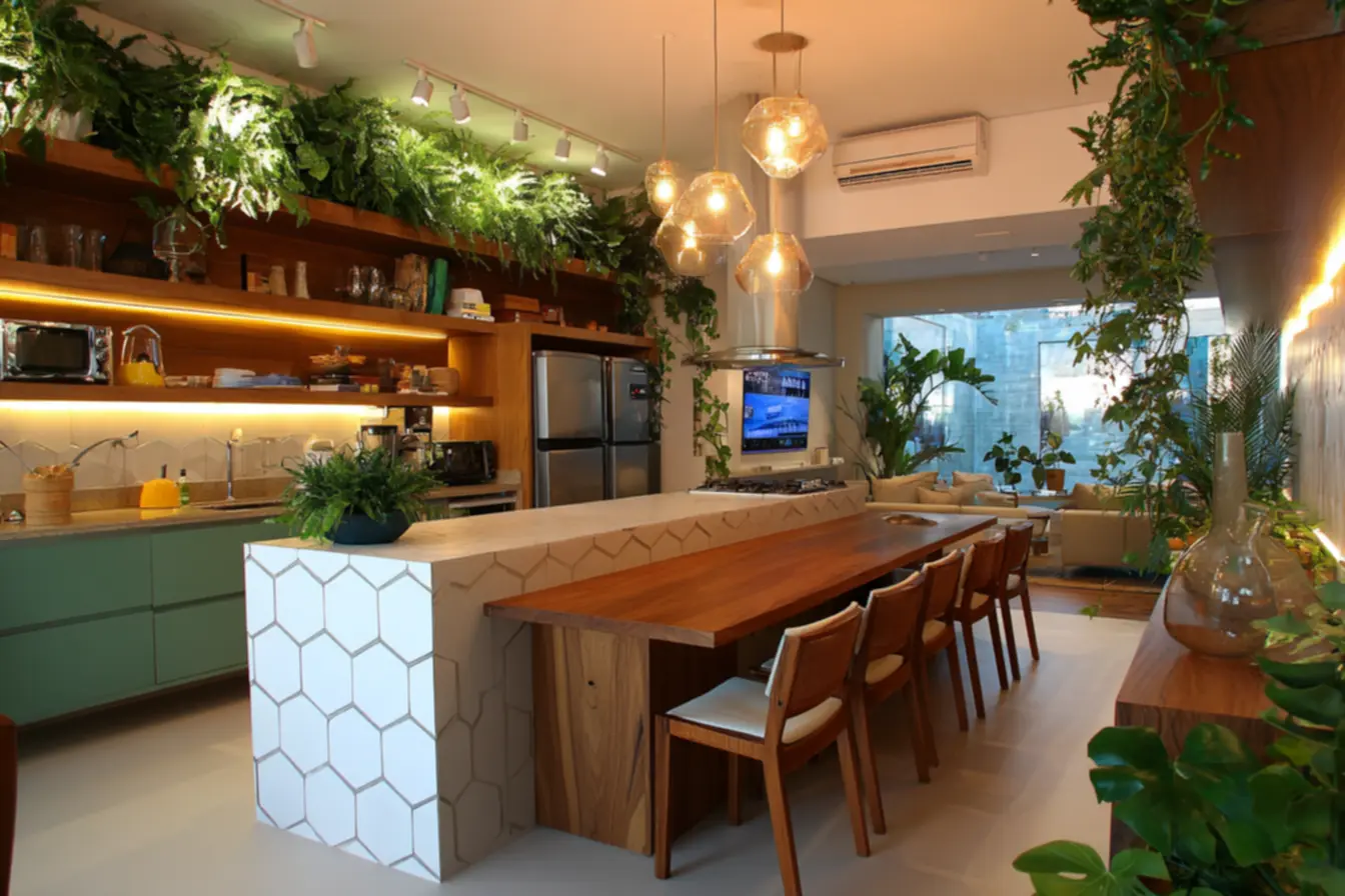 Iluminação estratégica e plantas na cozinha para um ambiente convidativo, cheio de vida e personalidade. Adeus cozinha sem personalidade.