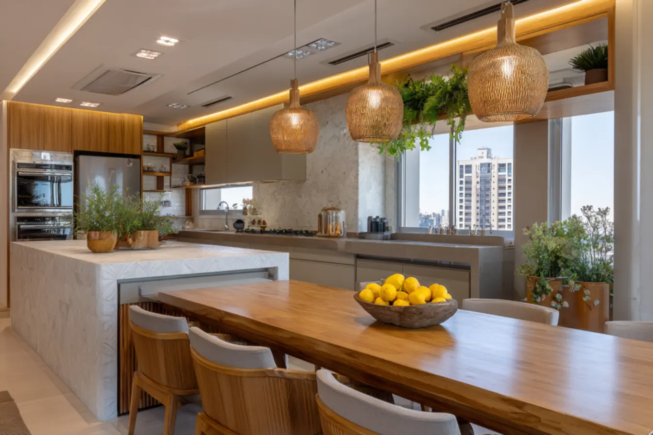 Cozinha organizada com prateleiras abertas e elementos decorativos, expressando a identidade do morador.