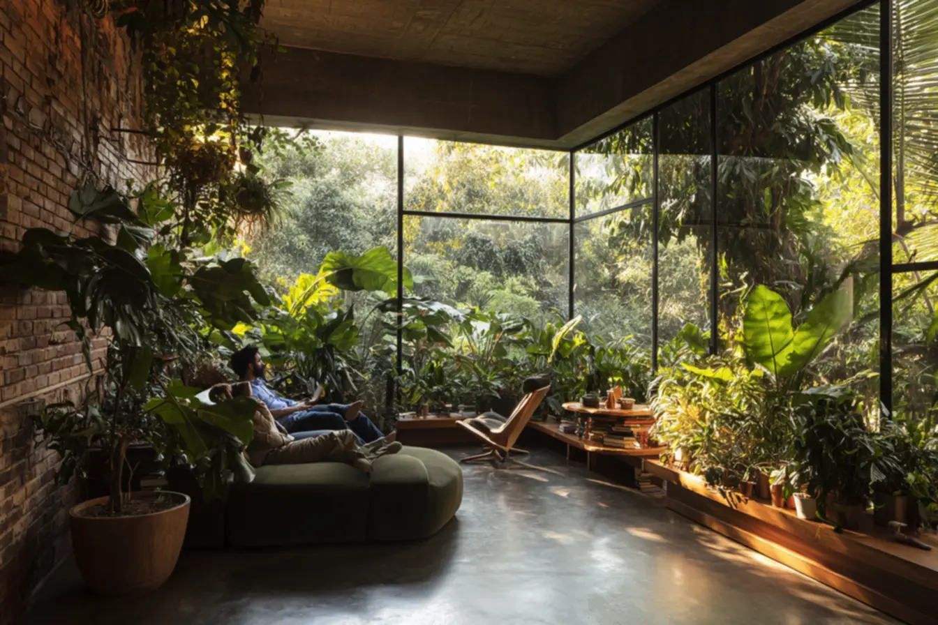 Decoração biofílica com elementos naturais e iluminação