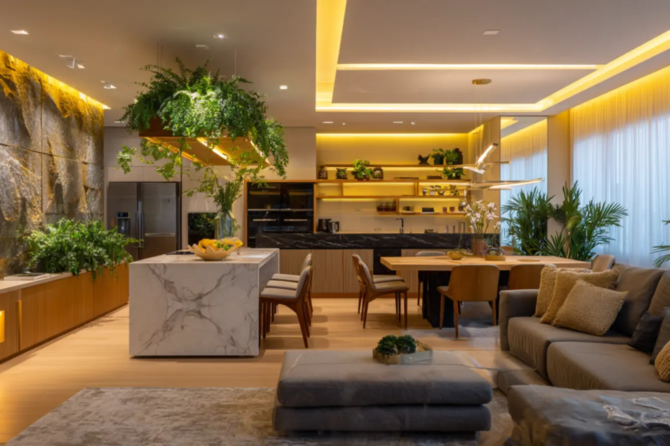 Iluminação em camadas para profundidade e funcionalidade no design de interiores.