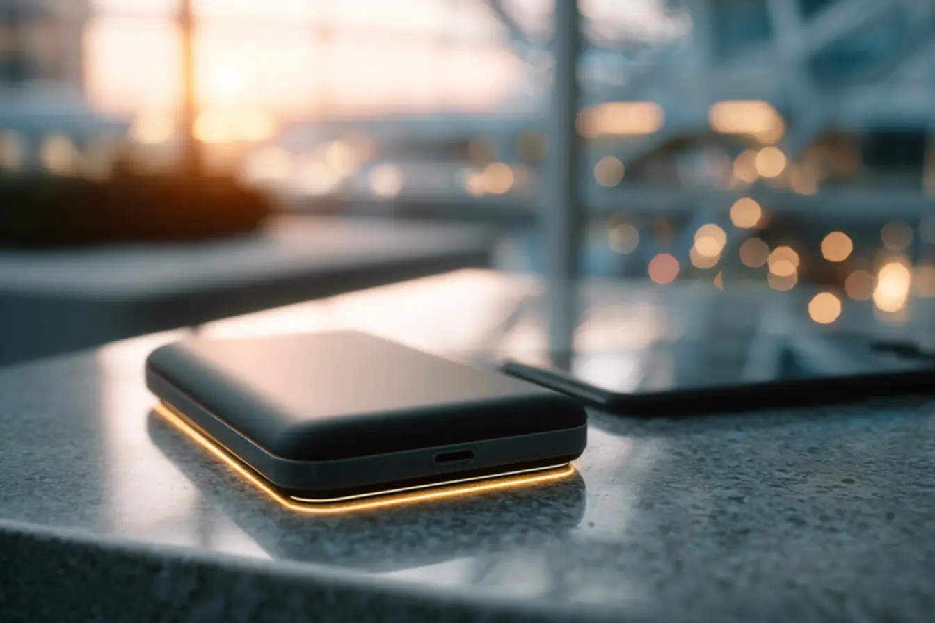 Mulher sorrindo segurando celular sendo carregado por powerbank sem fio.