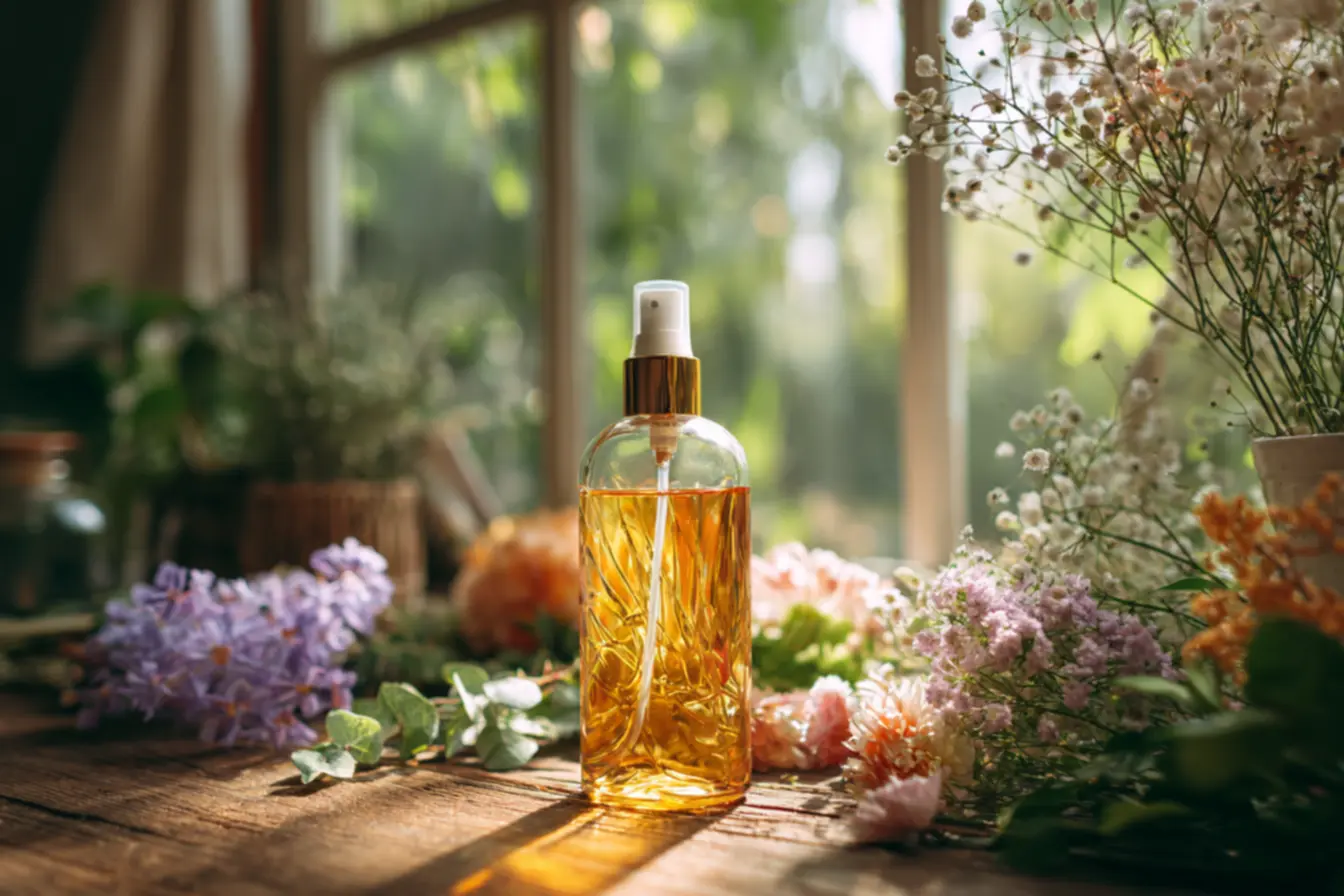 Mulher borrifando spray perfumado caseiro no ar.