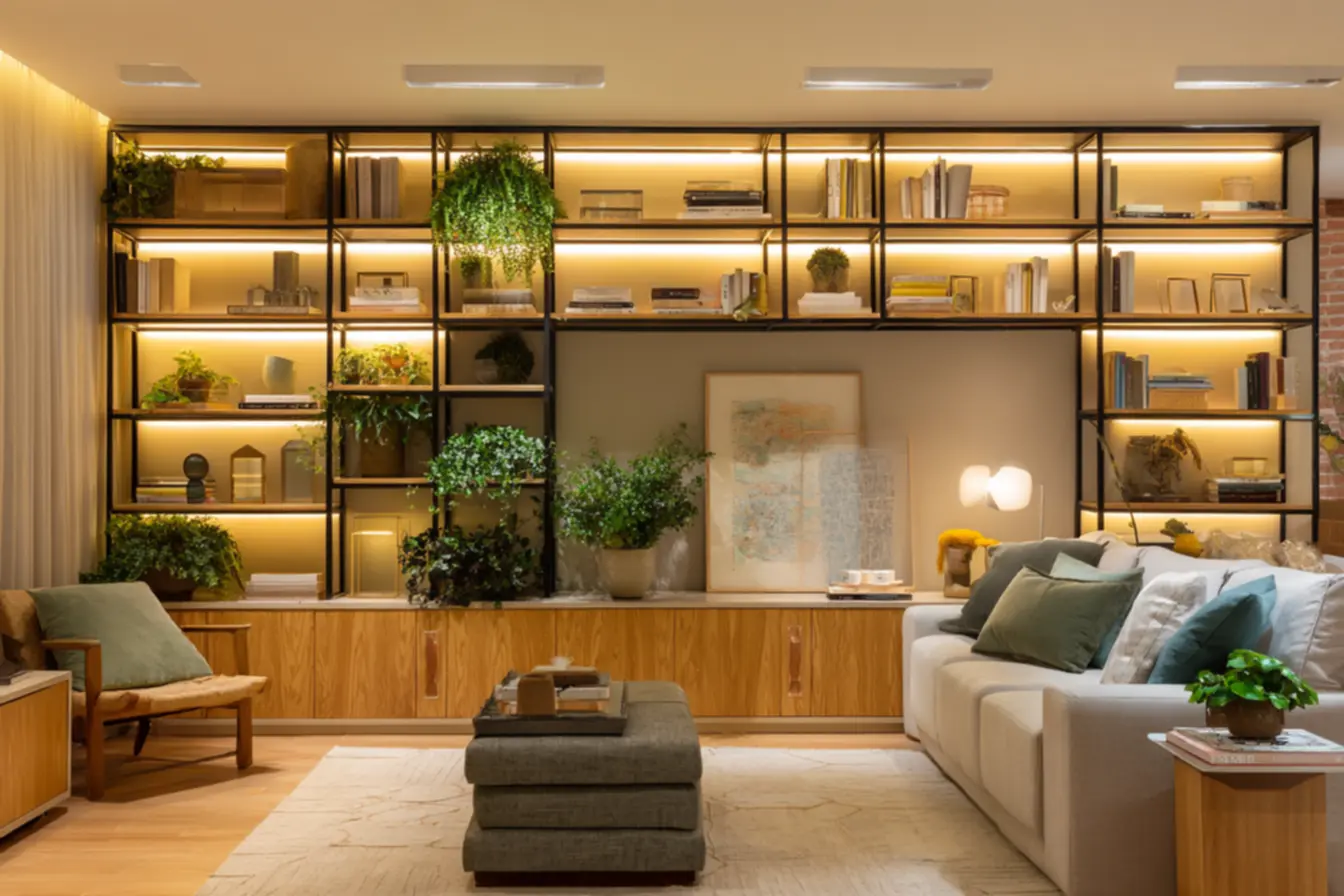 Estante integrada na sala de estar com design minimalista e elegante