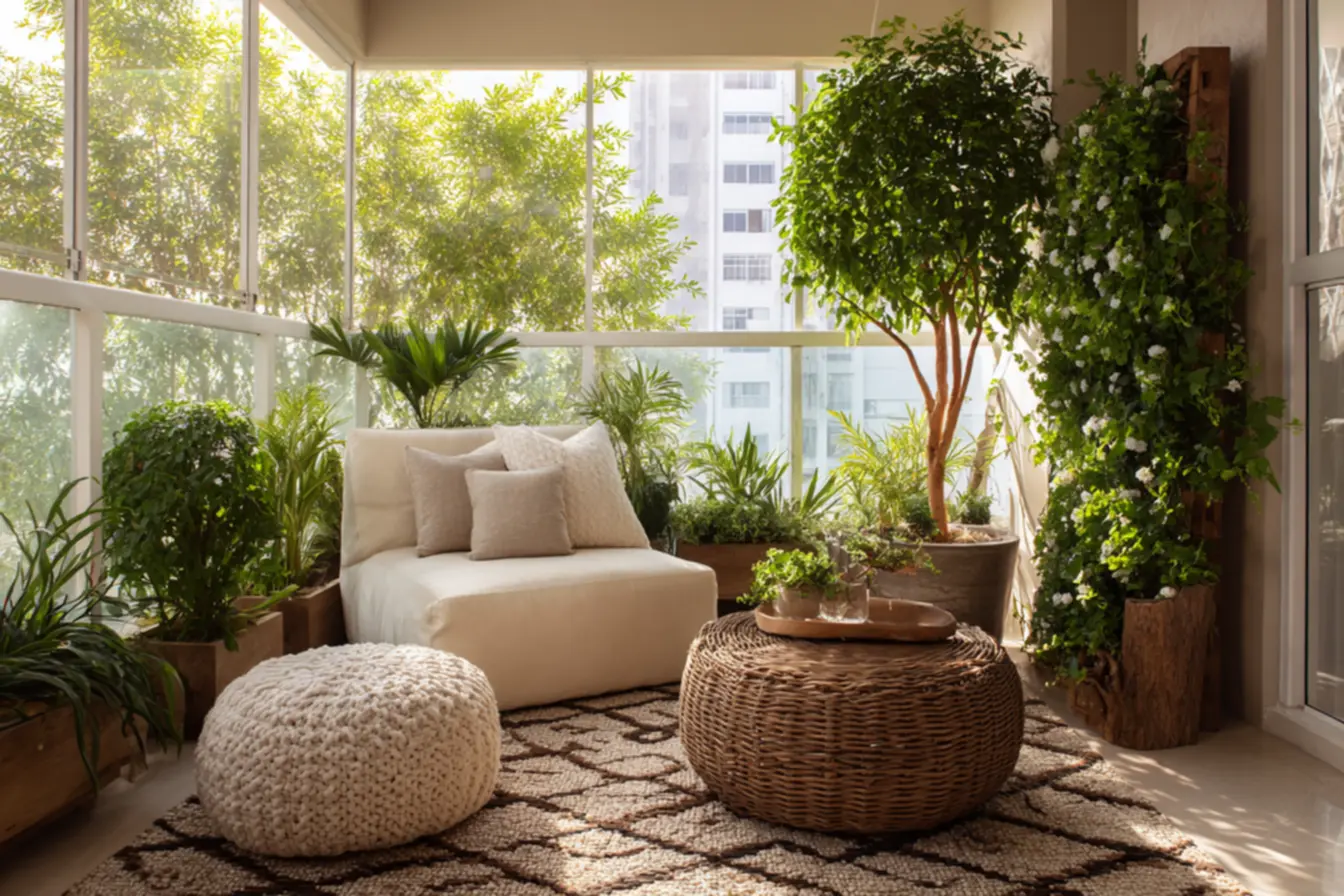 Varanda decorada com árvores frutíferas em vasos