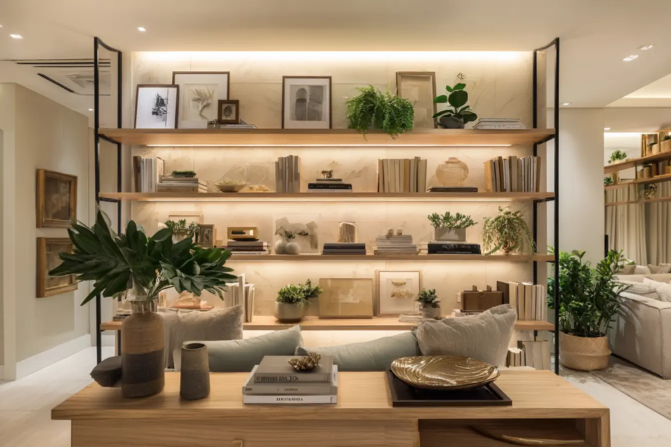 Estante integrada do chão ao teto para otimizar o espaço