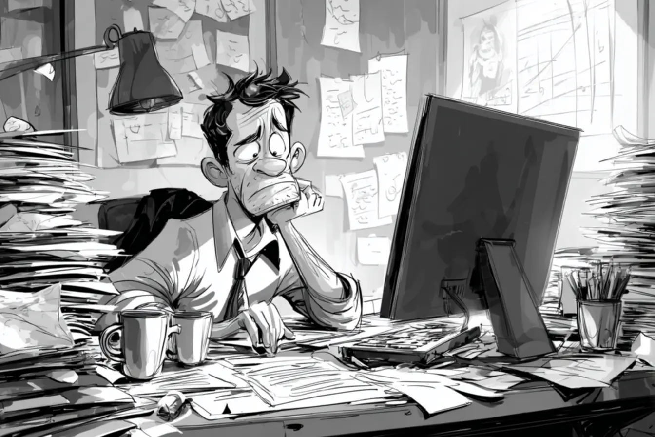 Pessoa sentada em uma mesa desorganizada, com a mente cheia de pensamentos, ilustrando a sobrecarga de um dia sem foco e a dificuldade em focar