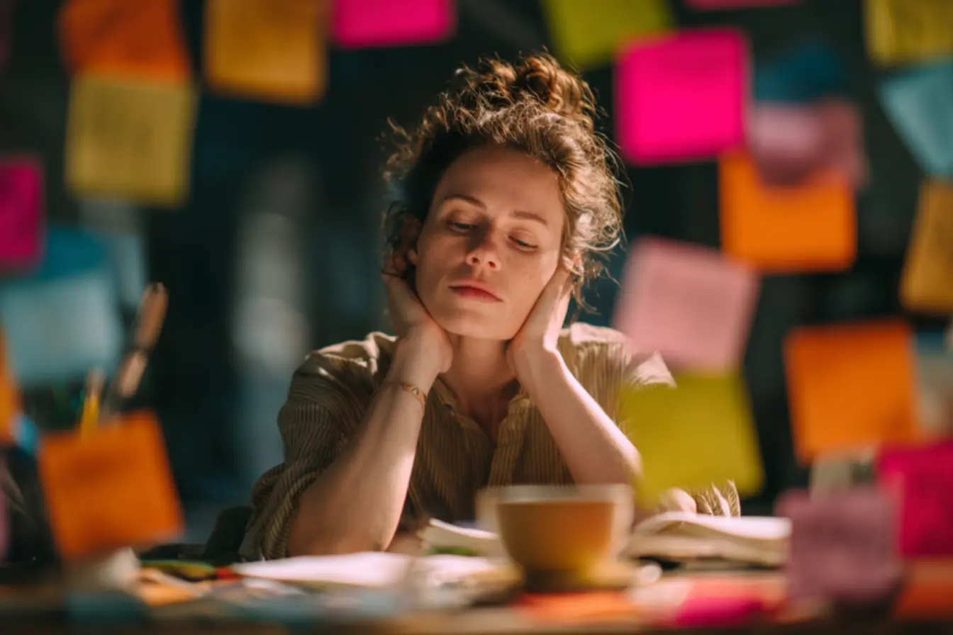 Mulher sorrindo e organizando uma mesa de trabalho, transmitindo a leveza de quem superou a procrastinação. O pequeno padrão facilita a organização.