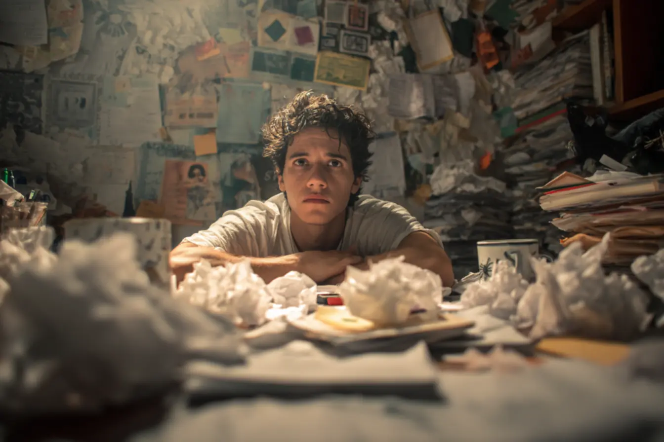 Homem jovem trabalhando em casa, cercado por múltiplas telas e dispositivos, ilustrando a dificuldade de manter o foco em um ambiente cheio de distrações digitais e multitarefa.