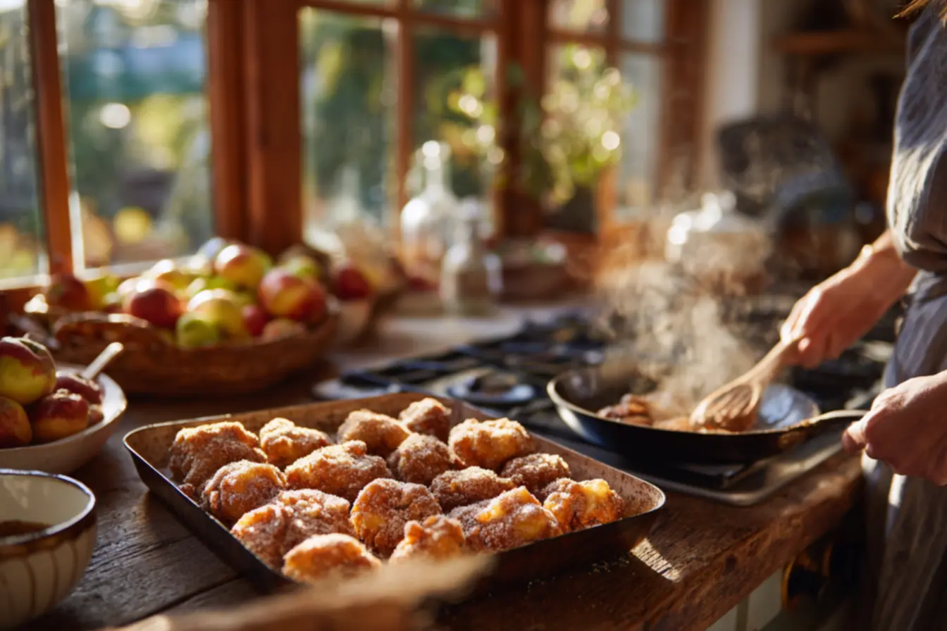 Detalhe da textura interna macia dos bolinhos de maçã fritos na hora