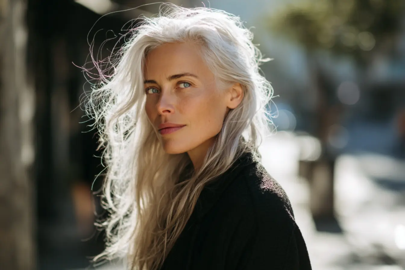 Close em fios brancos femininos em transição mostrando textura natural e efeito sal e pimenta