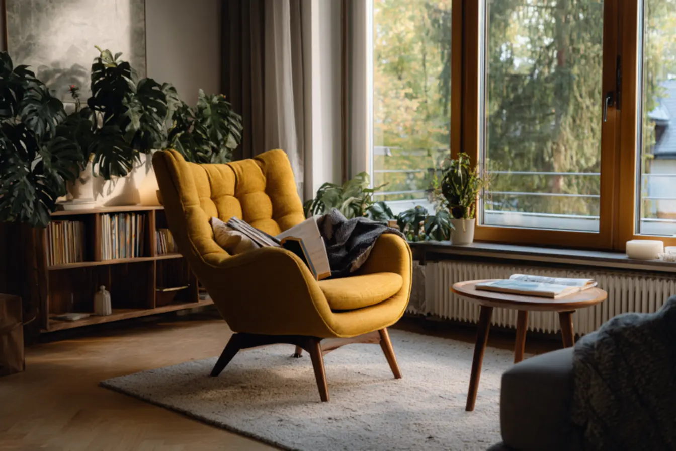 poltrona decorativa moderna em canto de leitura aconchegante