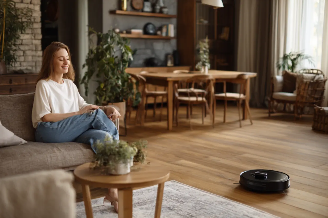 Robô aspirador contornando móveis em ambiente integrado com decoração moderna