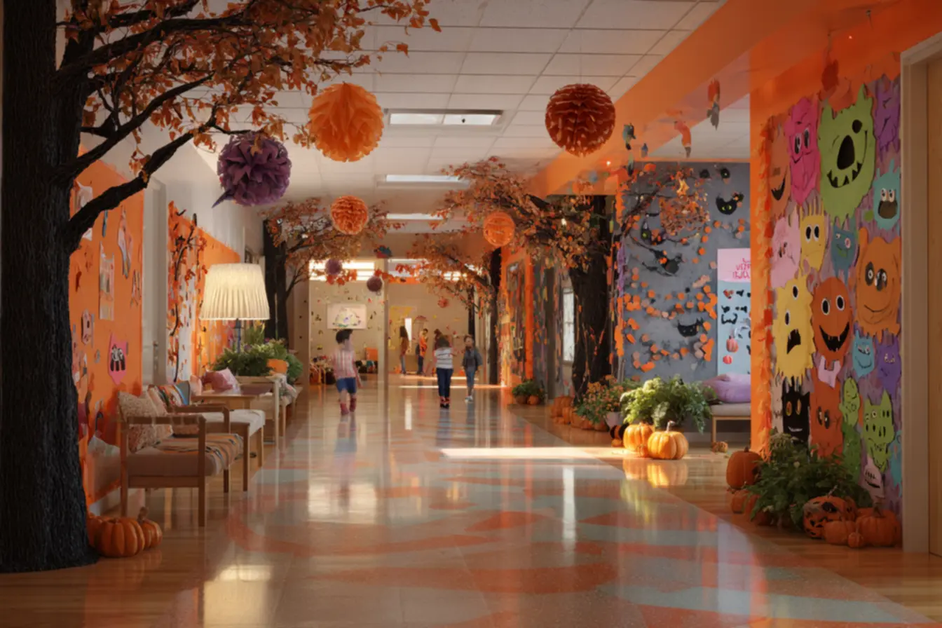 Alunos participando da decoração de Halloween na escola com projetos colaborativos