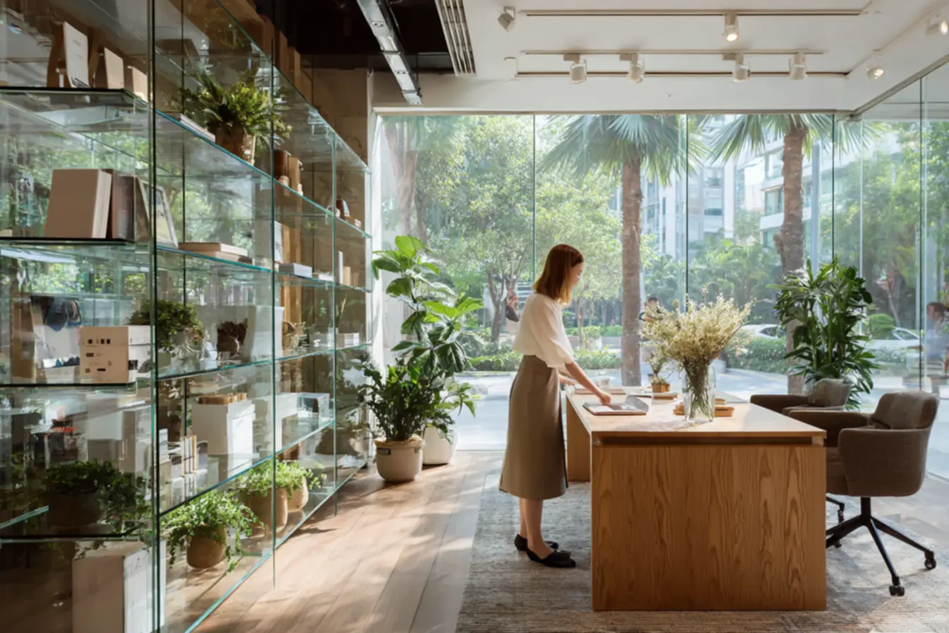 Detalhe de prateleira de vidro temperado com livros e decoração em escritório