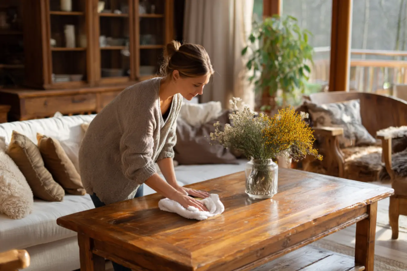 Limpeza suave em móveis de madeira antes de aplicar produtos para brilho