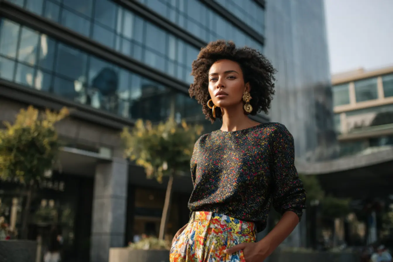 Mulher negra afropaty com cabelo crespo e acessórios de luxo reforçando identidade e autoestima