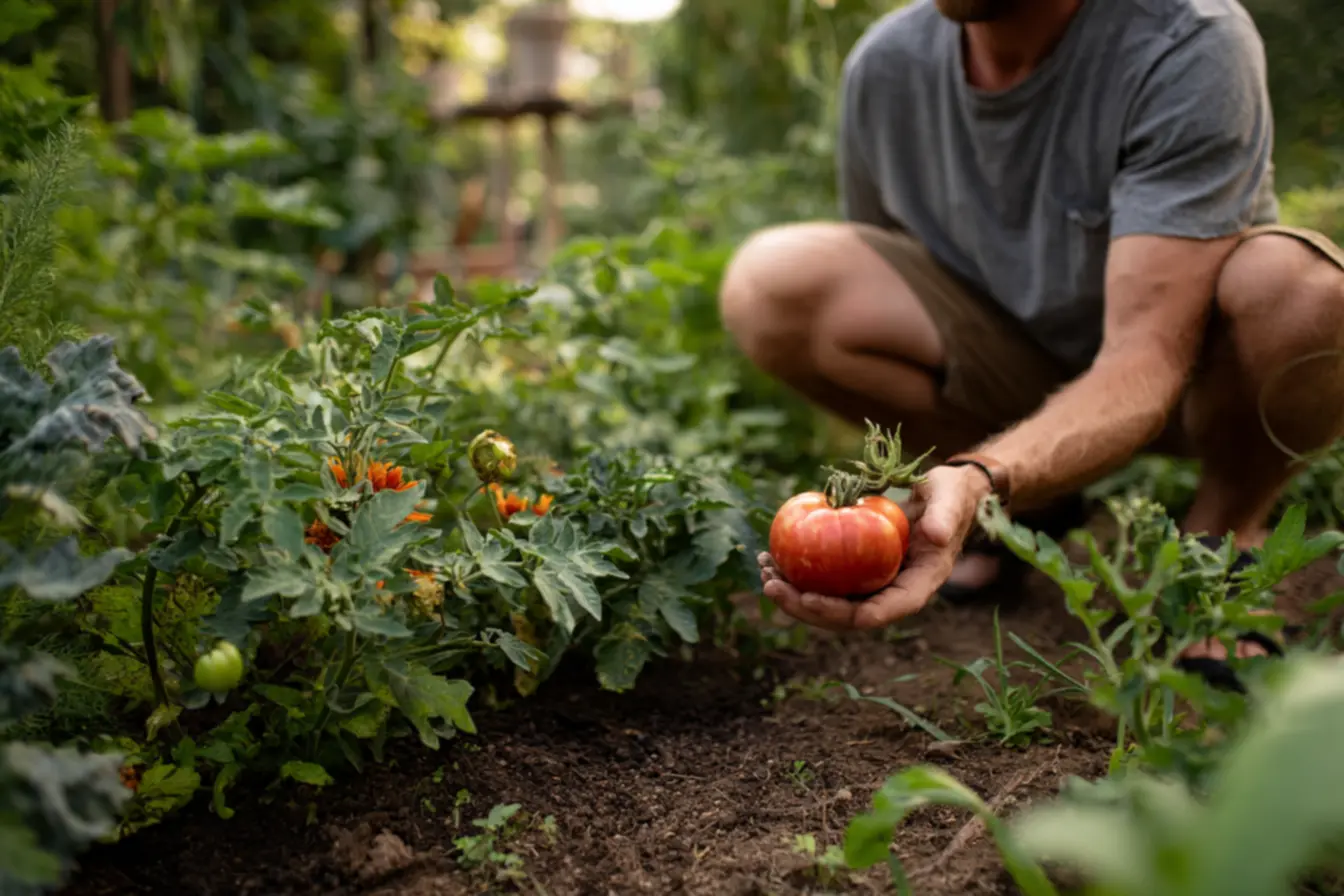 Mãos colhendo tomates em diferentes estágios de maturação para evitar rachaduras na horta caseira