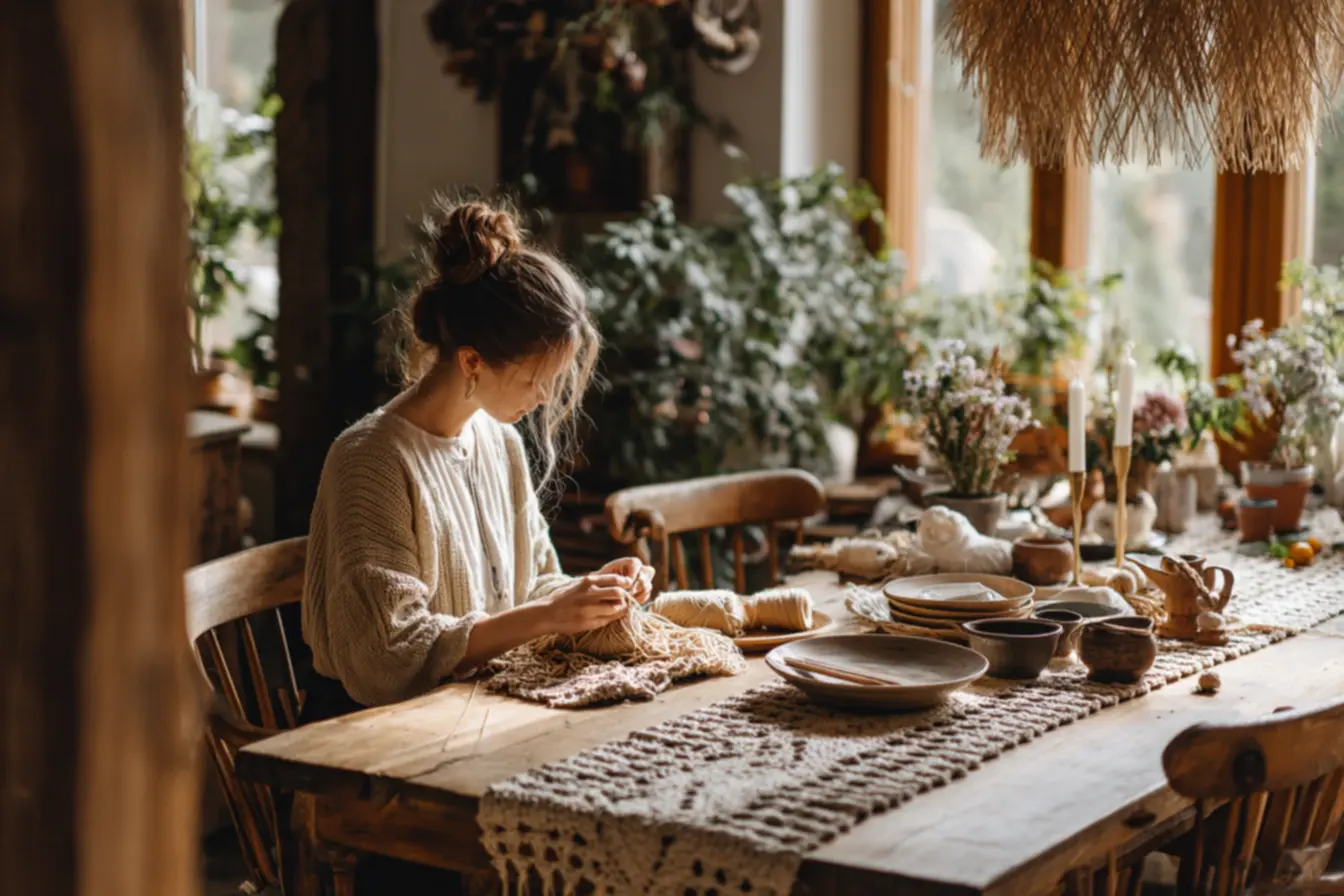 Detalhe de pontos rendados em fio de algodão ao lado de caminho de mesa rústico em barbante