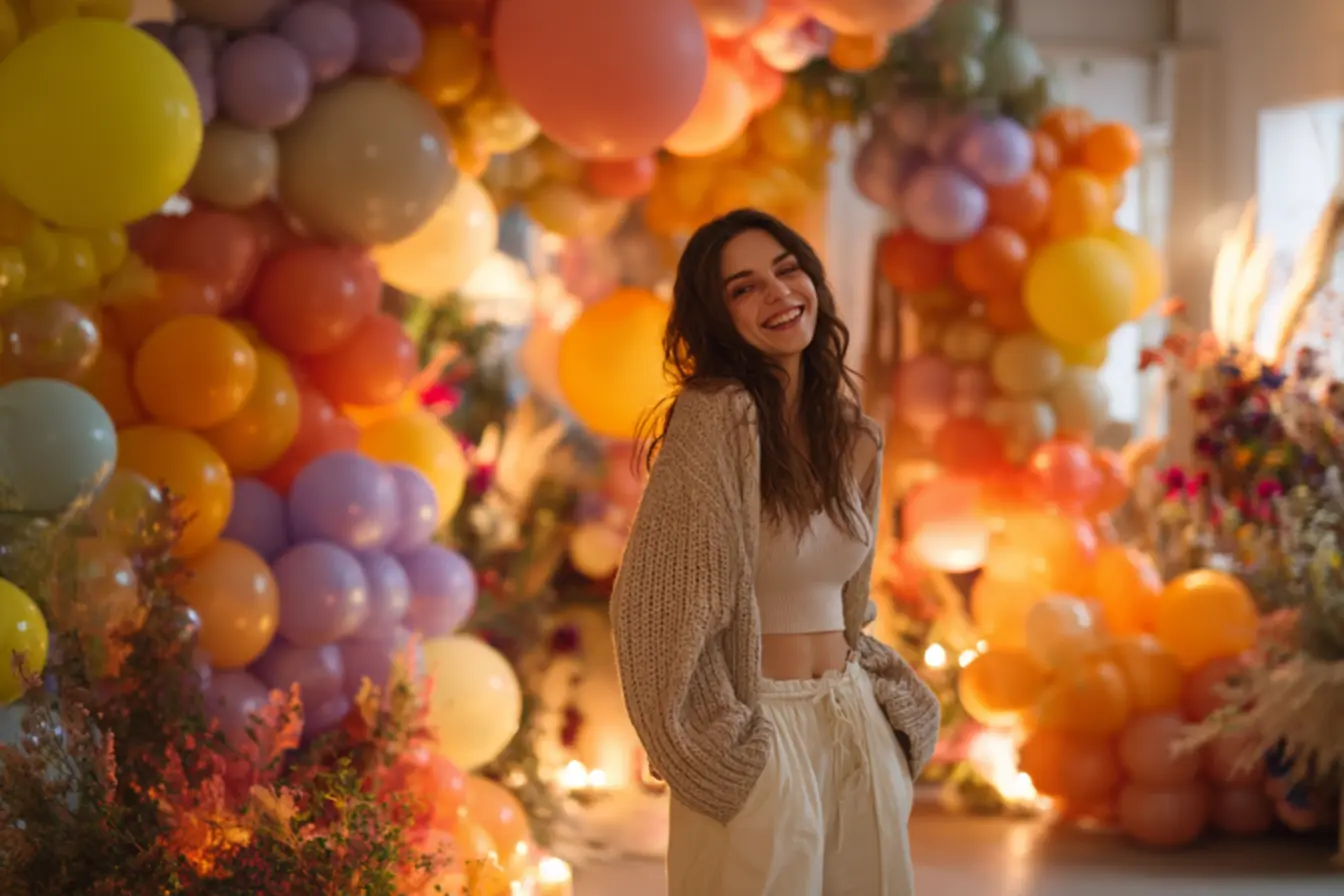 Cantinho de fotos com painel personalizado e arranjo de balões coloridos