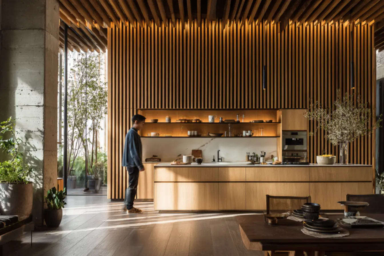 ideias de painel ripado na cozinha planejada com ilha e jantar integrado