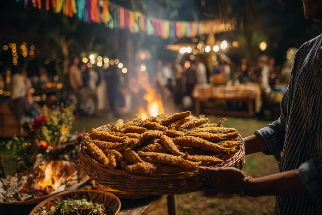 Bandeja de sardinhas assadas com crosta crocante sendo servidas em festa junina