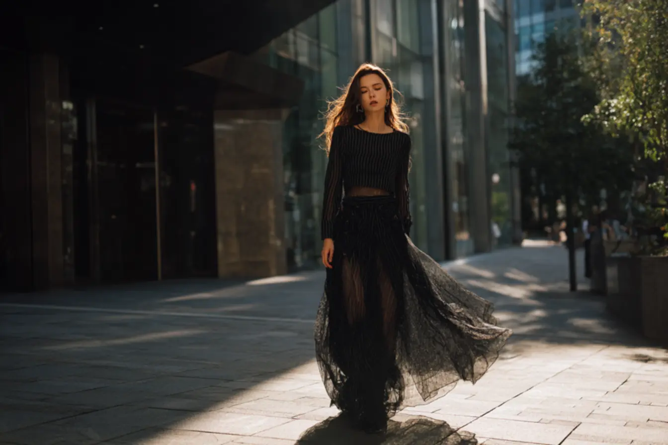 Diferentes tecidos e modelagens de saia longa transparente em looks femininos