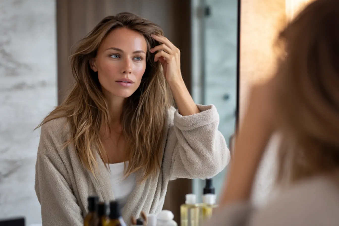 Produto de maquiagem capilar sendo aplicado para disfarçar falhas e entradas