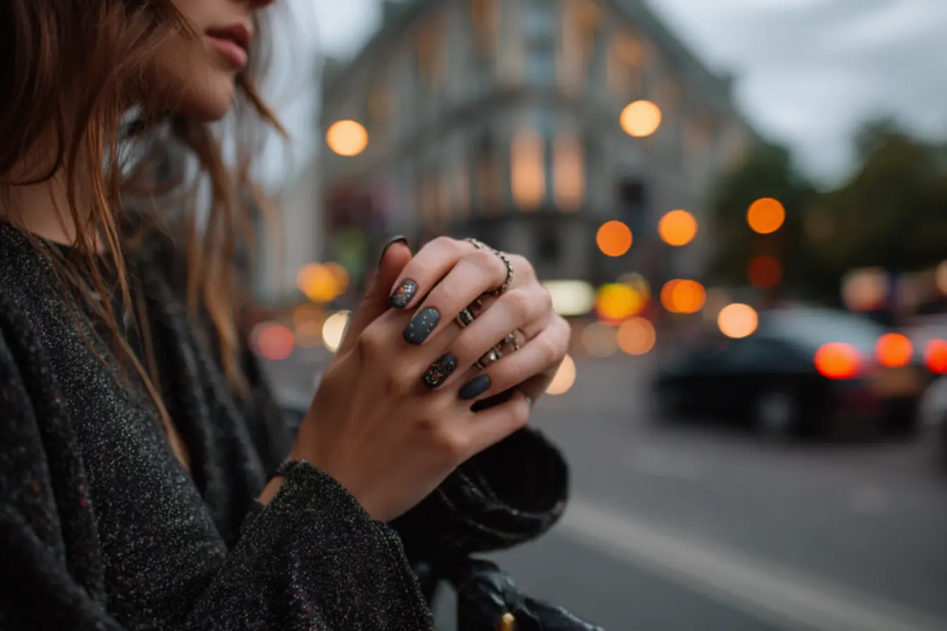 Nail art rock com esmalte escuro e pedrarias em estilo gótico e glam