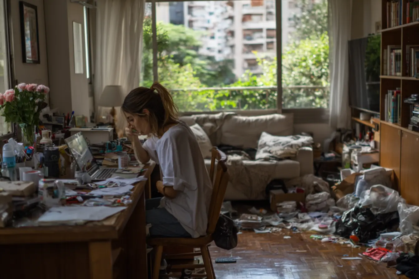 Mulher com mente clara e focada em um ambiente de trabalho organizado, sentindo os benefícios de ajustar o ambiente para foco e produtividade