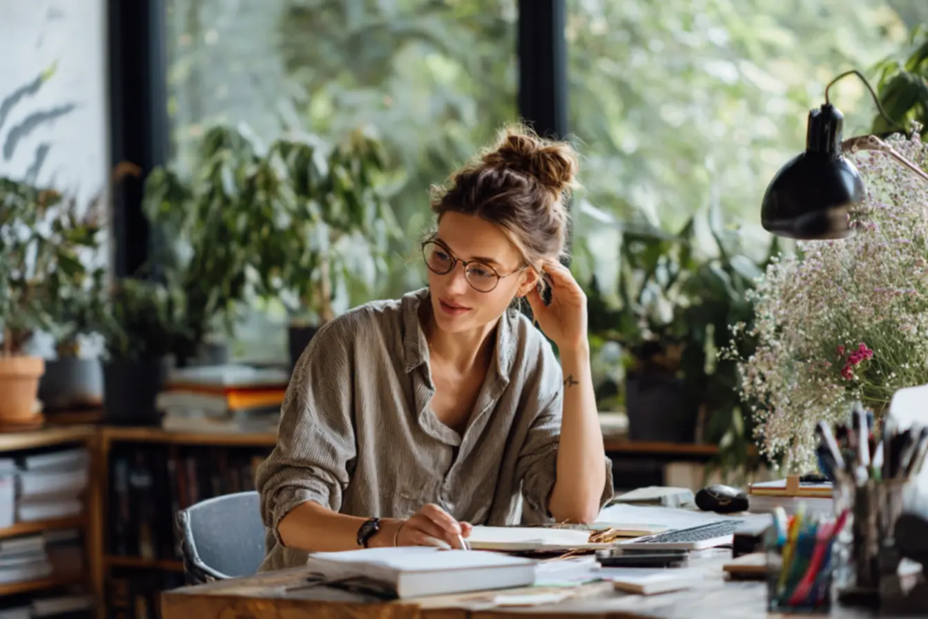 mesa com boa iluminação, cadeira ajustada e objetos essenciais organizados