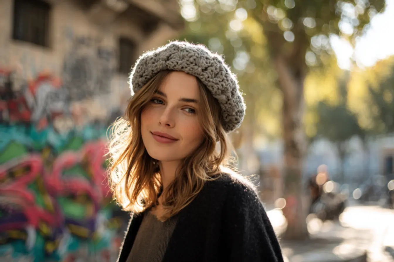 Modelos de boina de crochê com pontos em relevo e aplicações românticas