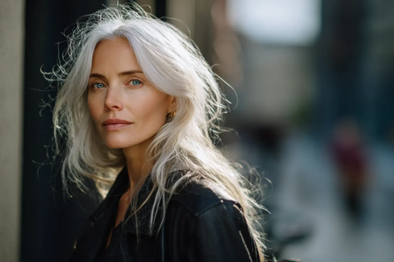 Mulher com cabelo branco feminino moderno assumindo fios naturais com estilo e elegância