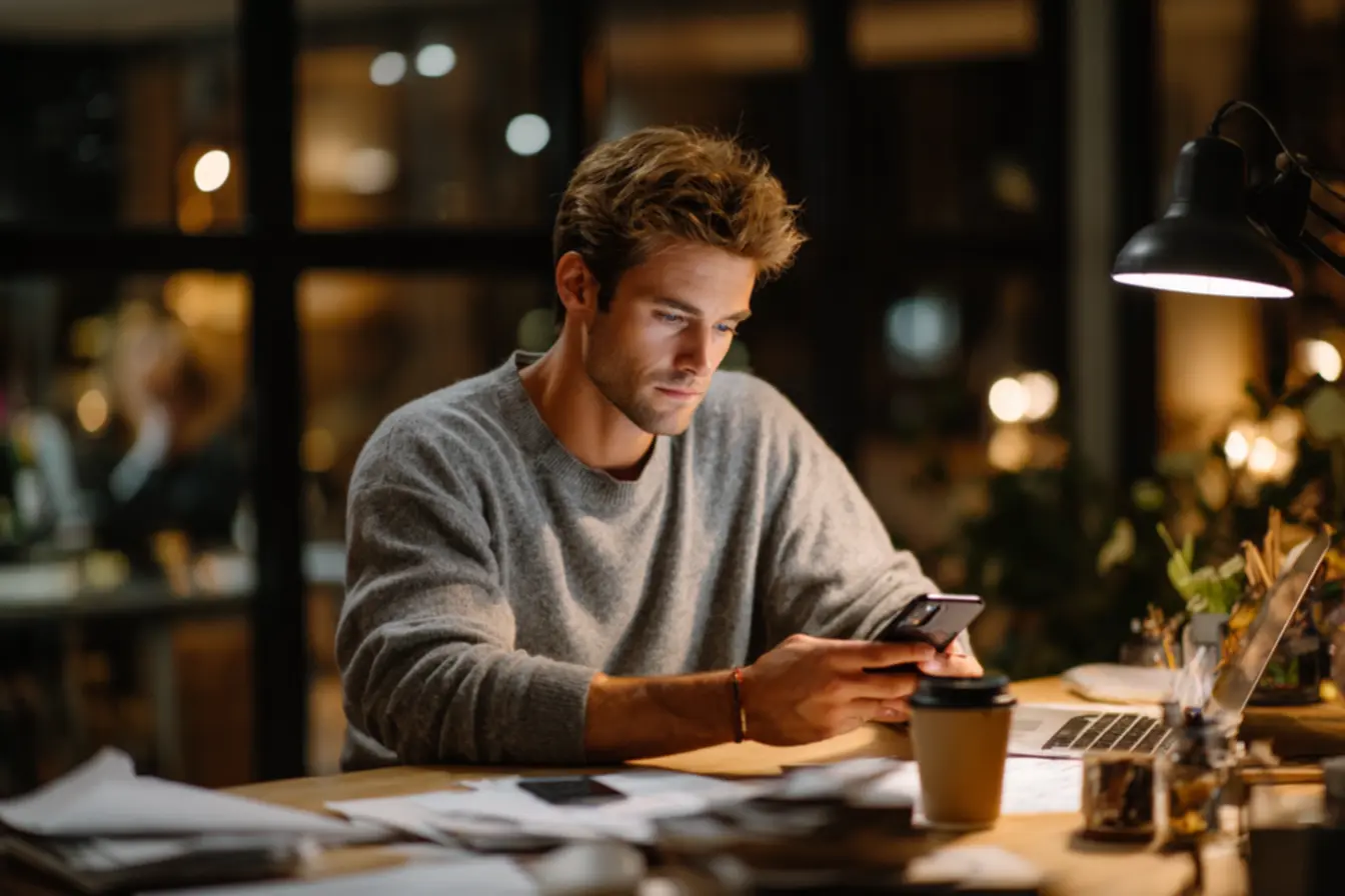 Pessoa com expressão de exaustão e mente dispersa, cercada por ícones de notificações e distrações digitais. LSI: Exaustão mental, falta de foco, produtividade baixa, gerenciamento do tempo, distrações digitais, interrupção do fluxo de trabalho.
