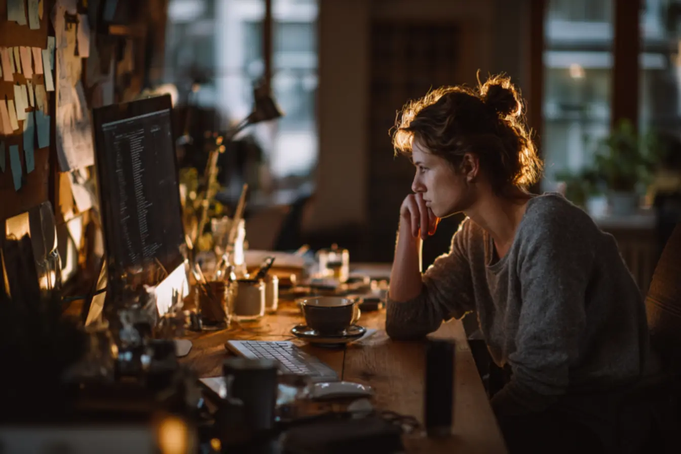 Mesa de trabalho cheia de papéis e telas, representando mente saturada de estímulos
