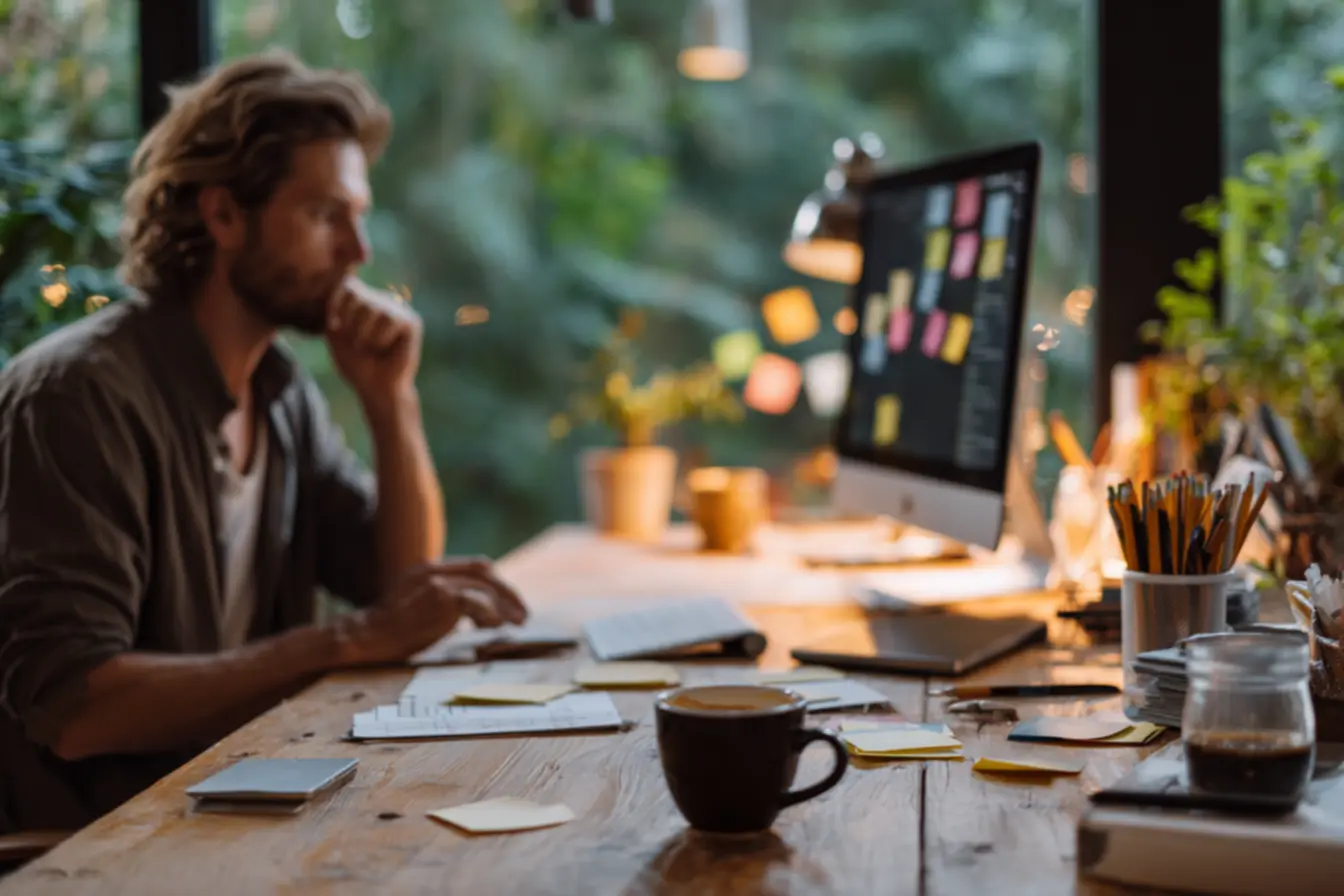 Pessoa confusa com várias abas de navegador abertas, ilustrando sobrecarga de informações e falta de clareza mental