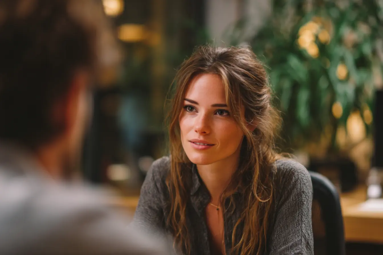 Duas pessoas trocando ideias e começando conversas de forma positiva em um ambiente descontraído.