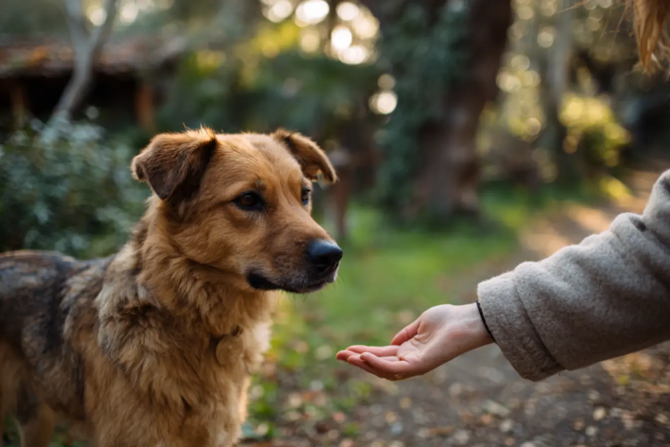 Tutor se aproximando de cachorro de forma respeitosa sem tocar a cabeça