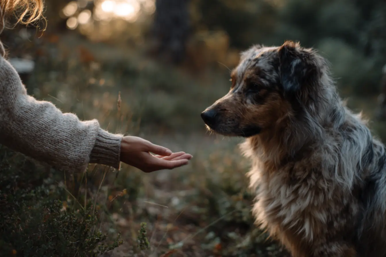 Pessoa fazendo carinho na cabeça do cachorro e sinais de desconforto canino