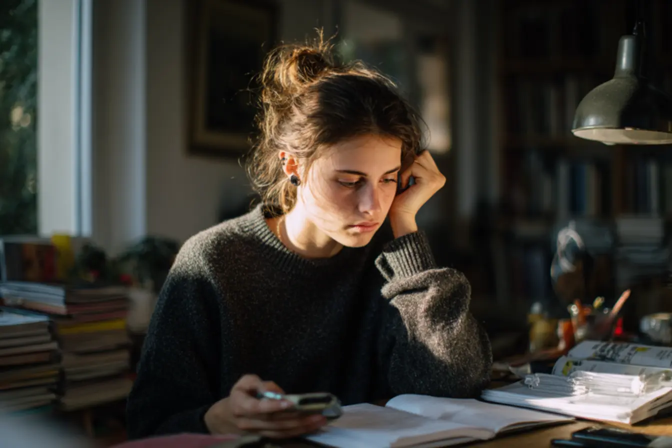 Mulher com fones de ouvido em ambiente tranquilo, reduzindo estímulos para clareza mental e foco.