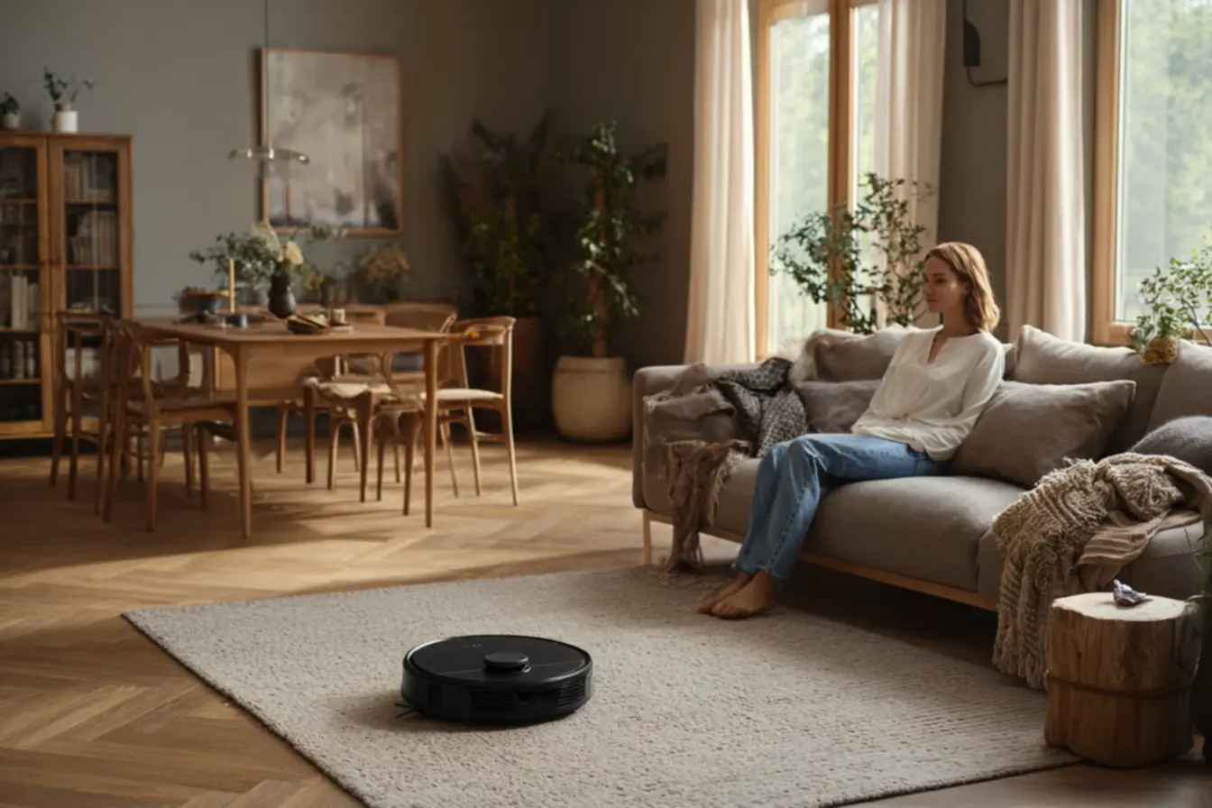 Detalhe de robô aspirador ao lado da base de carregamento em corredor de apartamento