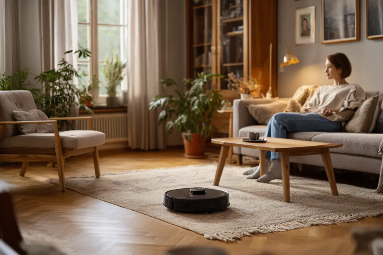 Robô aspirador limpando sala moderna com piso de porcelanato e decoração aconchegante