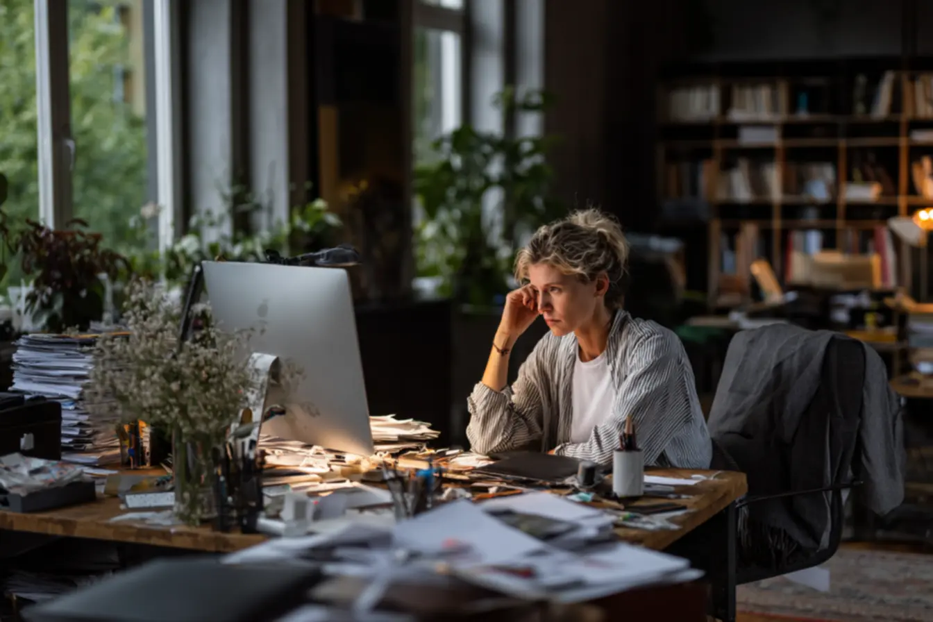 Mulher focada e organizada, mantendo a produtividade, Evitando o cansaço de decidir tudo na hora